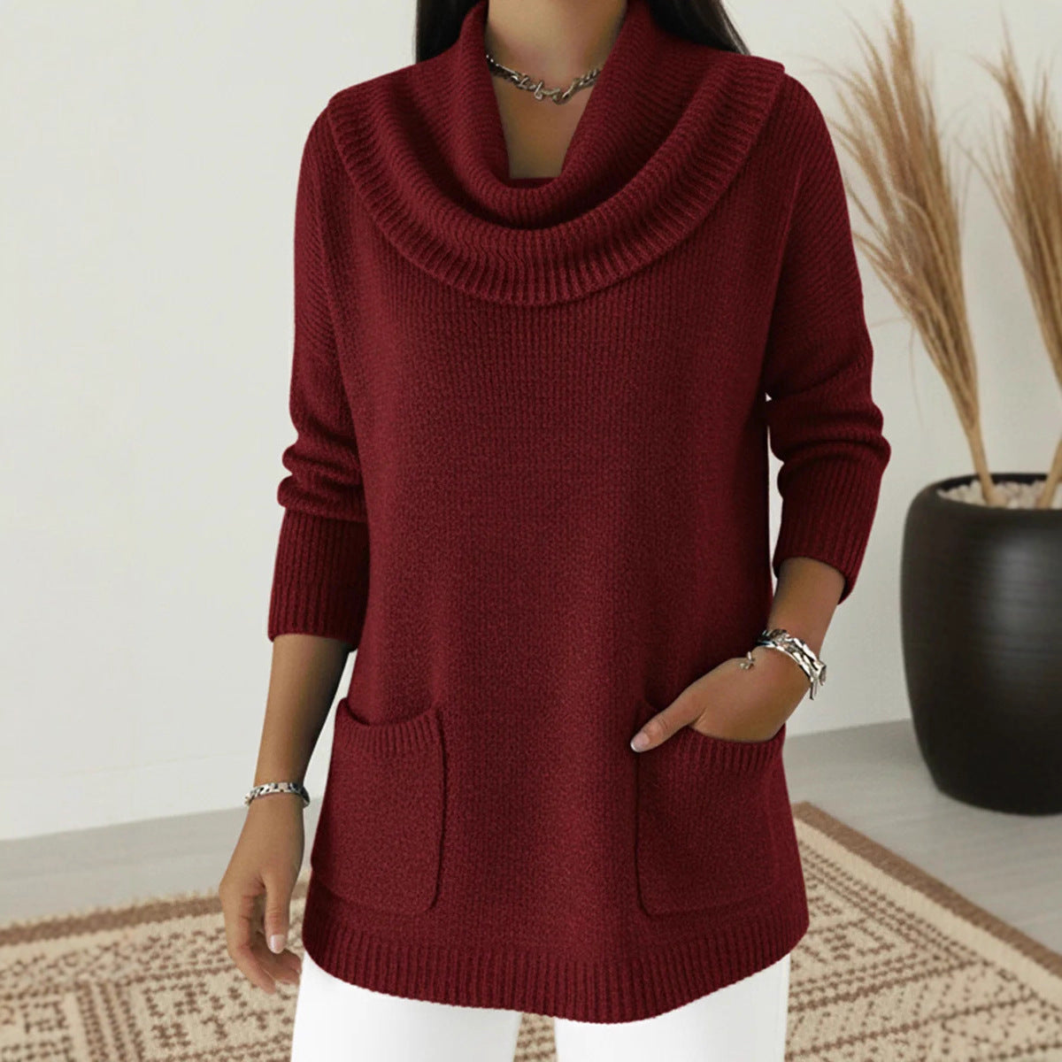 2026 New Women's Monochromatic Sweater with Pockets.