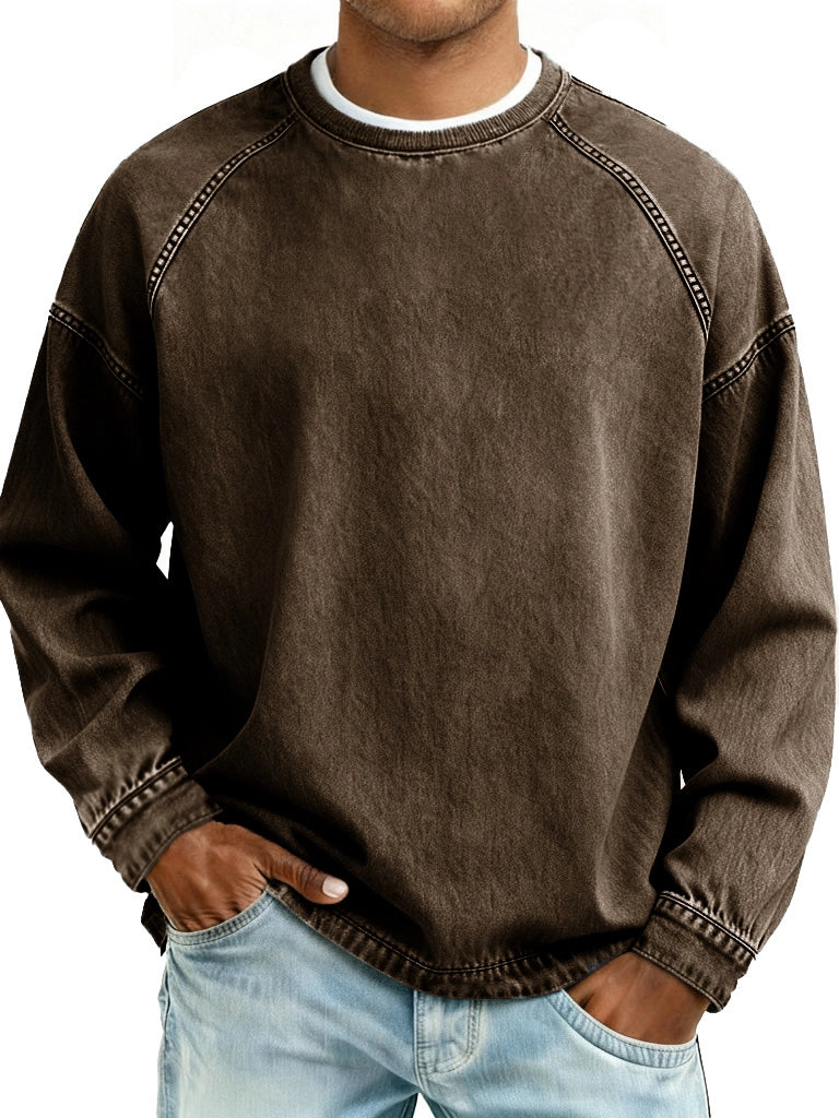 Men's Retro Fashion Distressed Crew Neck Long-Sleeve Loose Sweatshirt