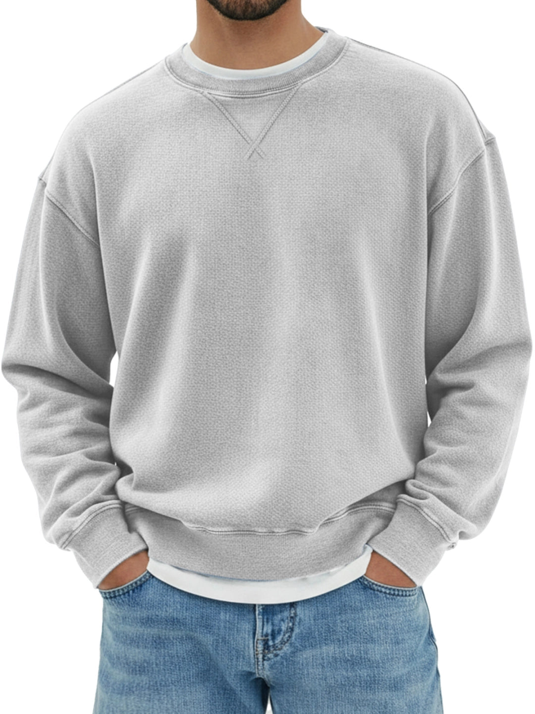 Men's pure cotton design inverted triangle shoulder long sleeve round neck sweatshirt