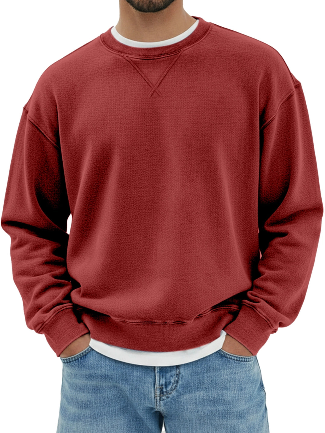 Men's pure cotton design inverted triangle shoulder long sleeve round neck sweatshirt