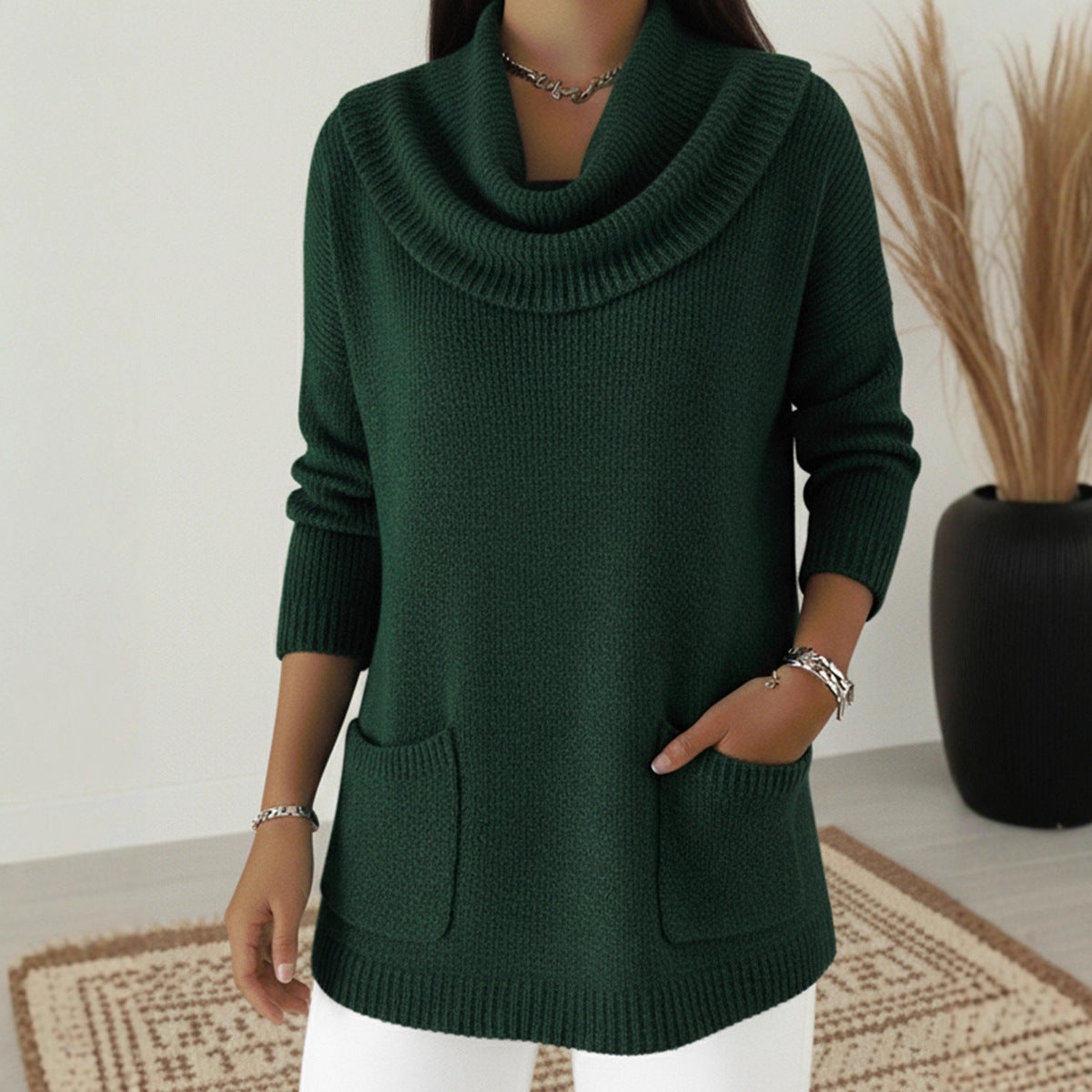 2026 New Women's Monochromatic Sweater with Pockets.