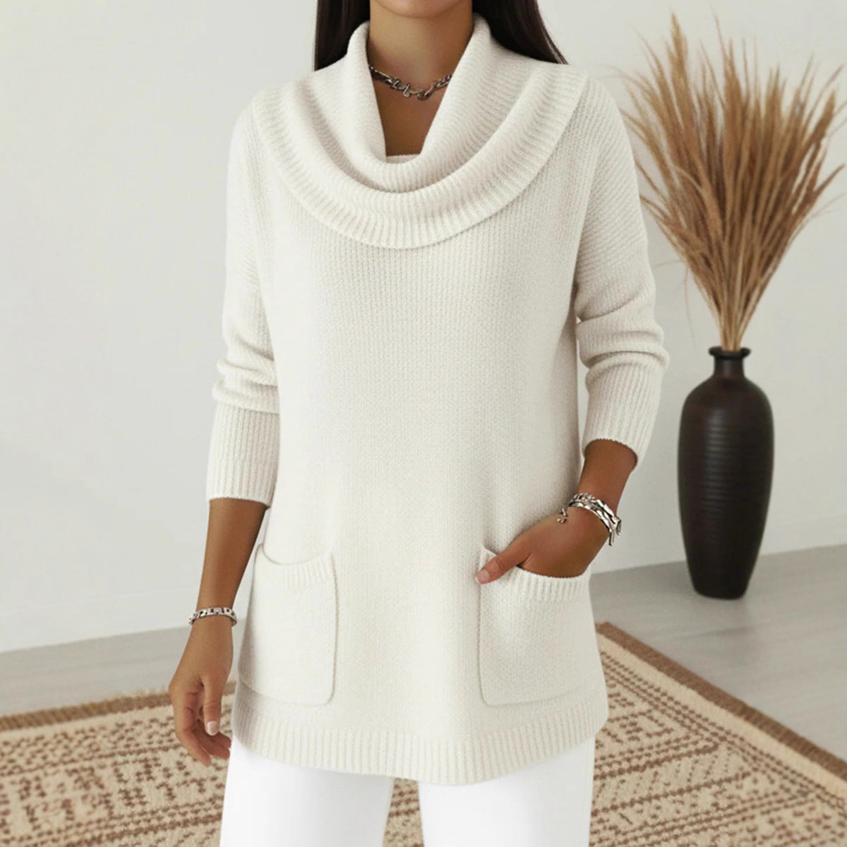2026 New Women's Monochromatic Sweater with Pockets.