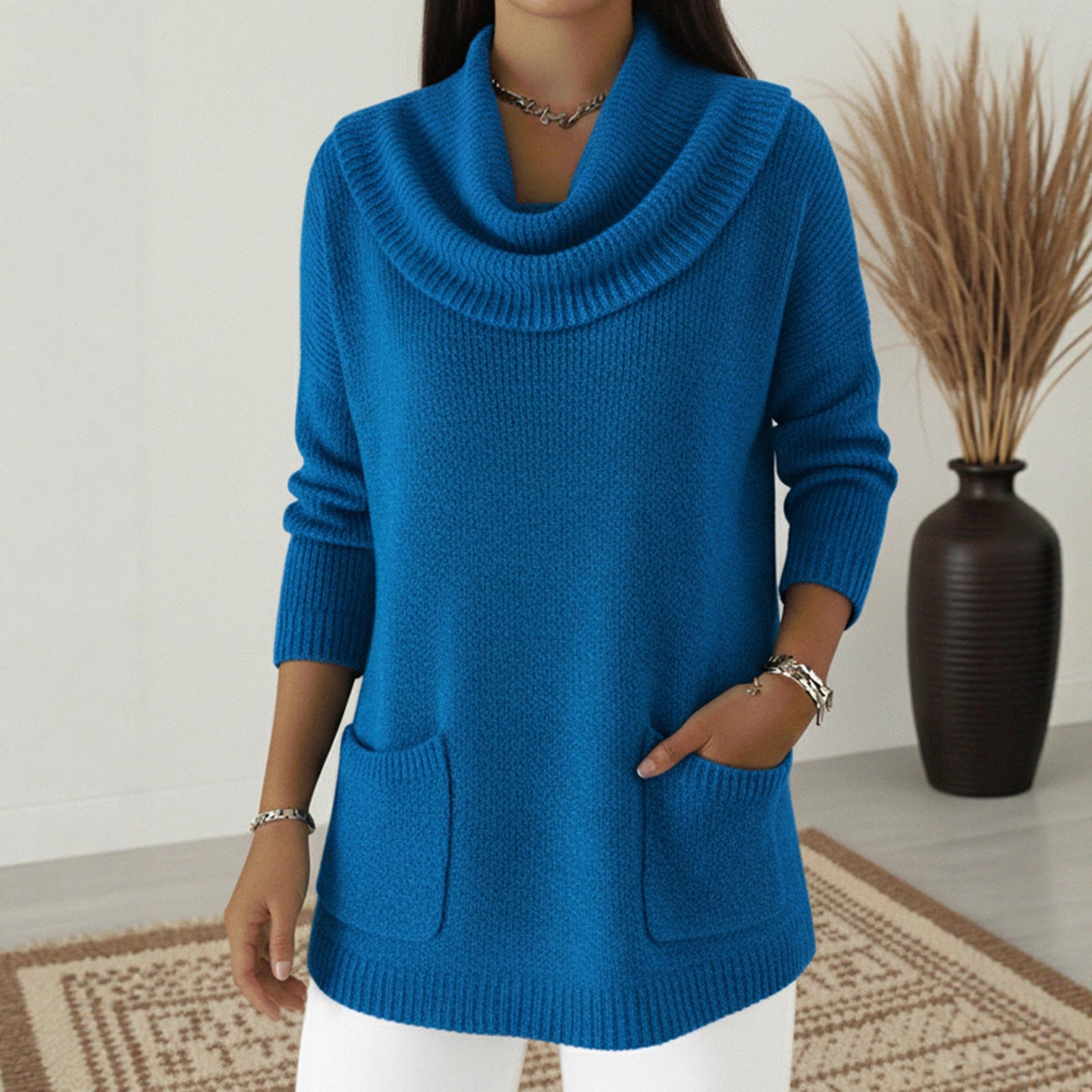 2026 New Women's Monochromatic Sweater with Pockets.