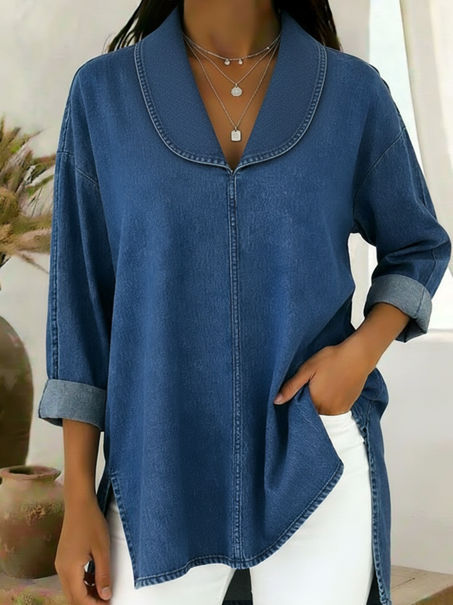 Retro Denim Shawl Collar Top