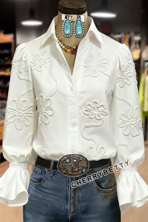 Elegant Textured Flower Bell Sleeve Button Up Blouse
