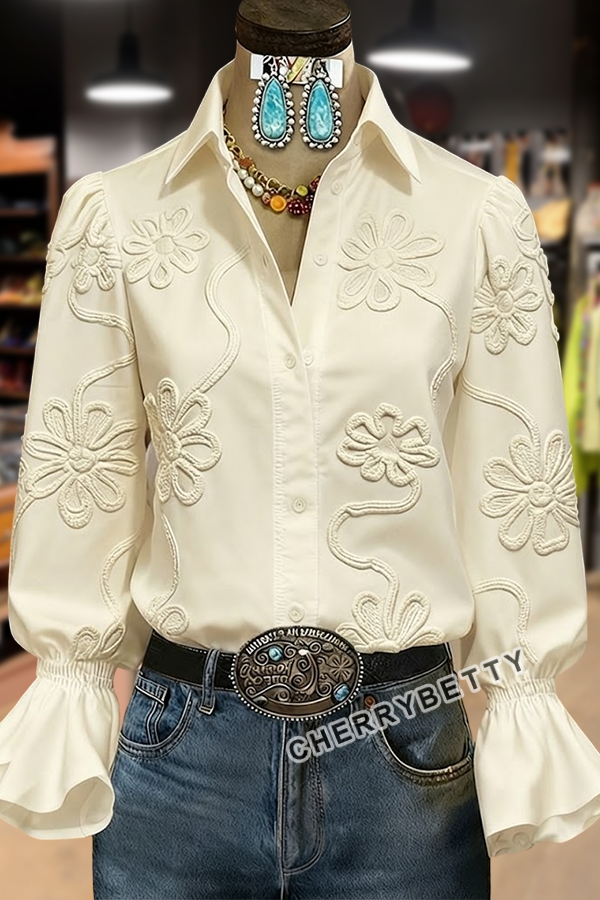 Elegant Textured Flower Bell Sleeve Button Up Blouse
